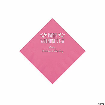 Candy Pink Happy Valentine’s Day Personalized Napkins with Silver Foil - 50 Pc. Beverage