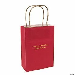 6 1/2" x 3" x 9" Medium Personalized Red Kraft Paper Gift Bags with Gold Foil - 12 Pc.