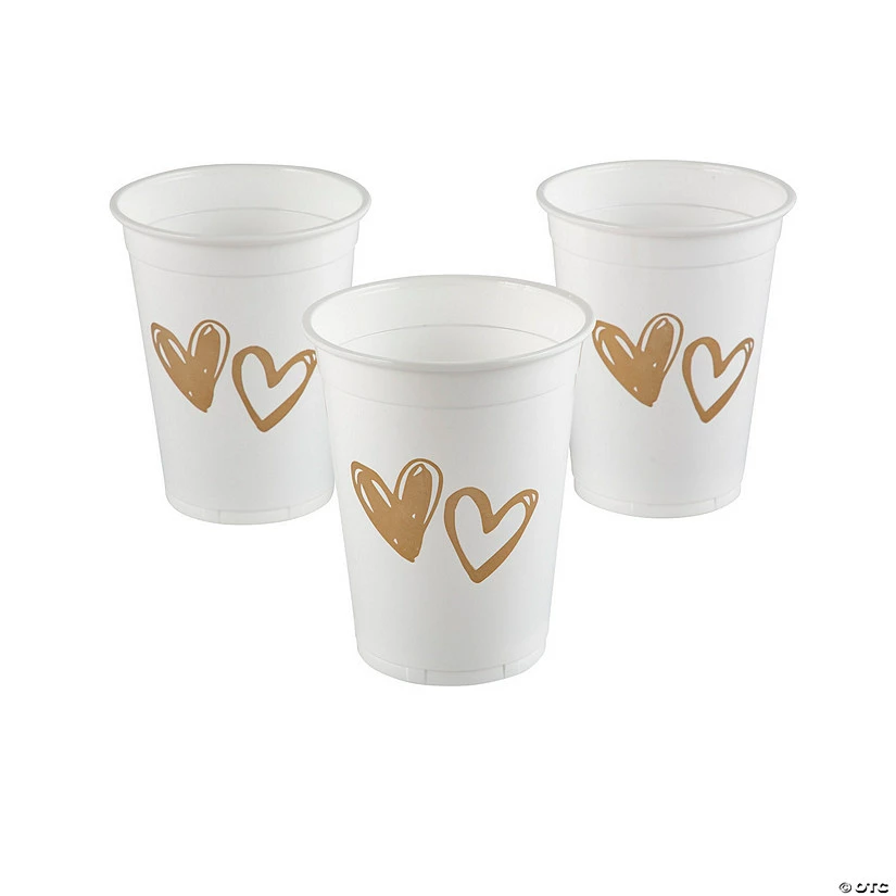 White with Gold Hearts Plastic Cups - 50 Pc. - Image 2