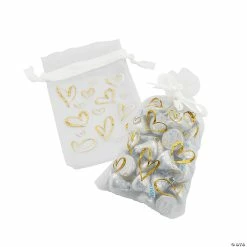 4" x 6" Large Gold Metallic Heart Organza Drawstring Bags - 12 Pc.