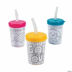 Color Your Own Religious Cups with Lids & Straws - 12 Pc.