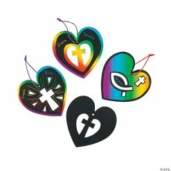 Magic Color Scratch Religious Heart Ornaments - 24 Pc.