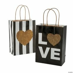Medium Black & Gold Glitter Wedding Love Kraft Paper Gift Bags - 12 Pc.