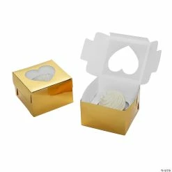 Metallic Gold Cupcake Boxes with Heart-Shaped Window - 12 Pc.
