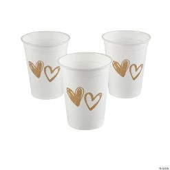 White with Gold Hearts Plastic Cups - 50 Pc.